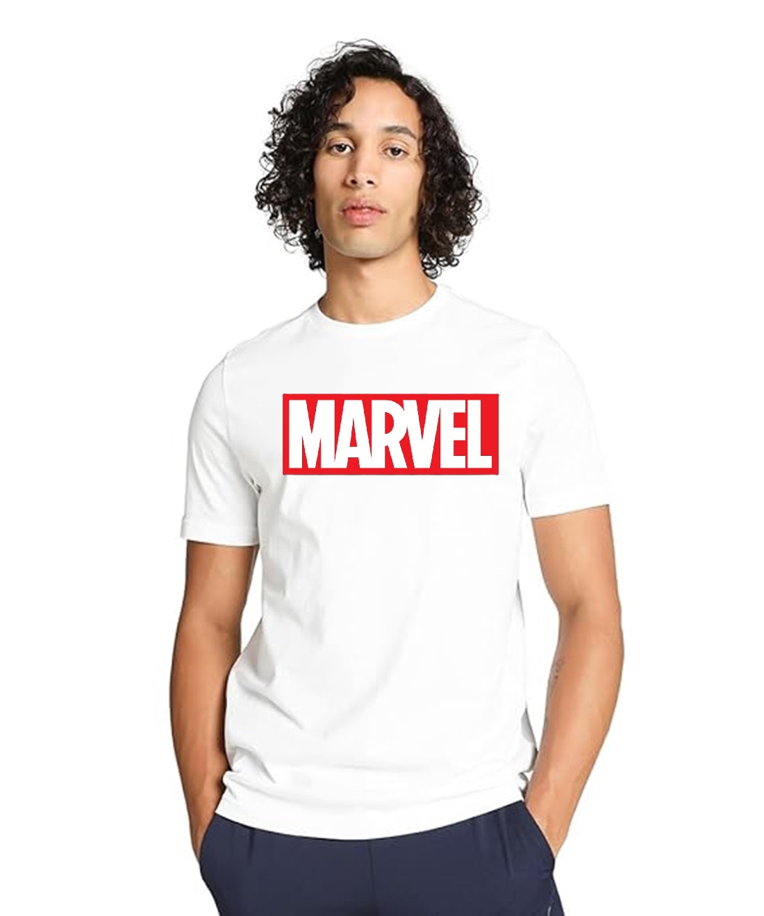 White Cotton Marvel Printed Round Neck T-shirt for Mens