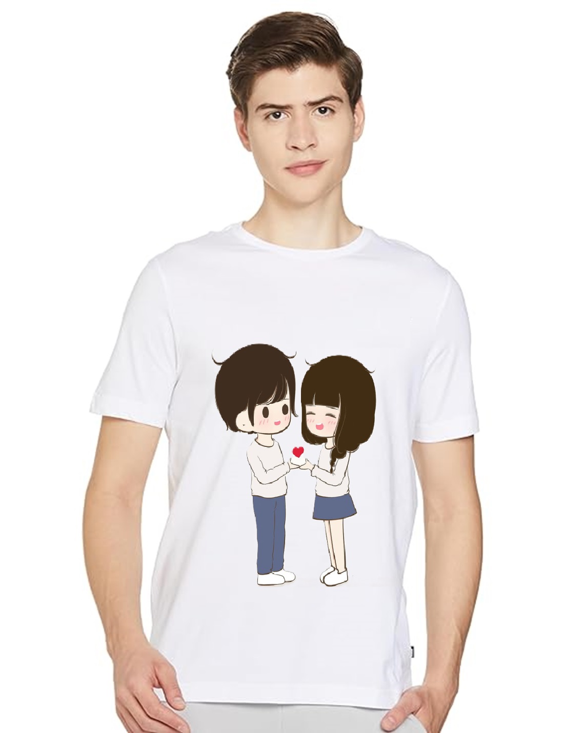 White Cotton Love Couple Printed Round Neck T-shirt for Mens