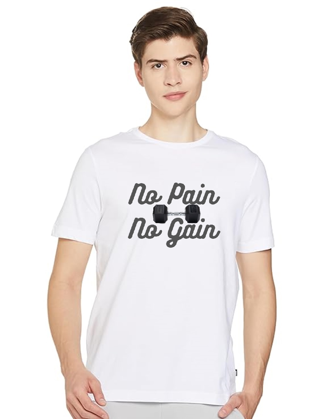 White Cotton Gym Printed Round Neck T-shirt for Mens