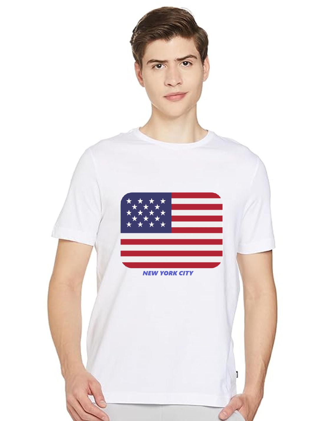 White  Cotton New York City Printed Round Neck T-shirt for Mens