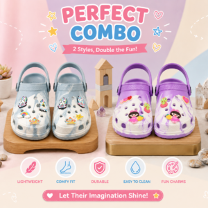 Make every step magical with these adorable kids’ EVA clogs designed for comfort, style, and fun. Featuring cute cartoon charms, a lightweight cushioned sole, and breathable ventilation holes, these clogs keep little feet happy all day long. Perfect for playtime, casual outings, travel, and daily wear with an easy slip-on design kids love. Why Choose These Crocs? Cute cartoon charms kids love Lightweight EVA material for soft comfort Breathable ventilation holes for airy feel Adjustable back strap for secure fit Anti-slip sole for safe walking Easy slip-on style for everyday use Waterproof and quick-drying design Perfect for indoor, outdoor, and playtime wear Fun colorful look that matches every outfit Durable and easy to clean for daily adventures Specifications Material: Soft EVA Foam Sole Type: Anti-Slip Sole Closure Type: Slip-On with Back Strap Fit Type: Comfortable Regular Fit Design: Cartoon Charm Ventilation Design Weight: Ultra Lightweight Gender: Kids Usage: Indoor & Outdoor Wear Water Resistance: Yes Colors: Multi-Color Pastel Shades Care: Easy Wash & Quick Dry Style: Casual Kids Comfort Clogs Size Guide (Indian Sizing) India Size EU Size Foot Length (Approx.) 36 36 23 cm 37 37 23.5 cm 38 38 24 cm 39 39 24.5 cm Perfect For Every Occasion From playtime at home to fun outdoor adventures, these cute cartoon clogs are perfect for every moment. Ideal for school, park visits, travel, beach days, casual outings, and daily wear, they keep little feet stylish, comfortable, and happy all day long. Care Instructions Wash gently with mild soap and water Avoid direct heat or strong sunlight Air dry naturally after cleaning Do not use bleach or harsh chemicals Store in a cool and dry place Clean cartoon charms carefully for long-lasting shine Keep these adorable kids’ clogs clean and fresh with simple everyday care. Made from lightweight and durable EVA material, they are easy to wash, quick to dry, and perfect for active little feet during daily indoor and outdoor adventures.